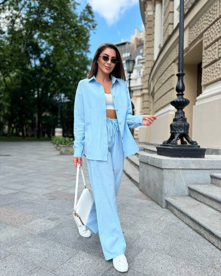 Damen Leichter Leinen-Zweiteiler mit oversized Hemd und High‑Waist Palazzohose Drune
