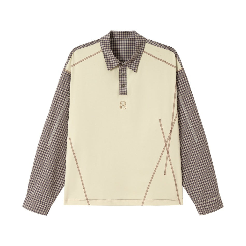 Unisex Oversize Langarm-Poloshirt mit karierten Ärmeln, Hemdkragen und dekorativen Steppnähten Drune