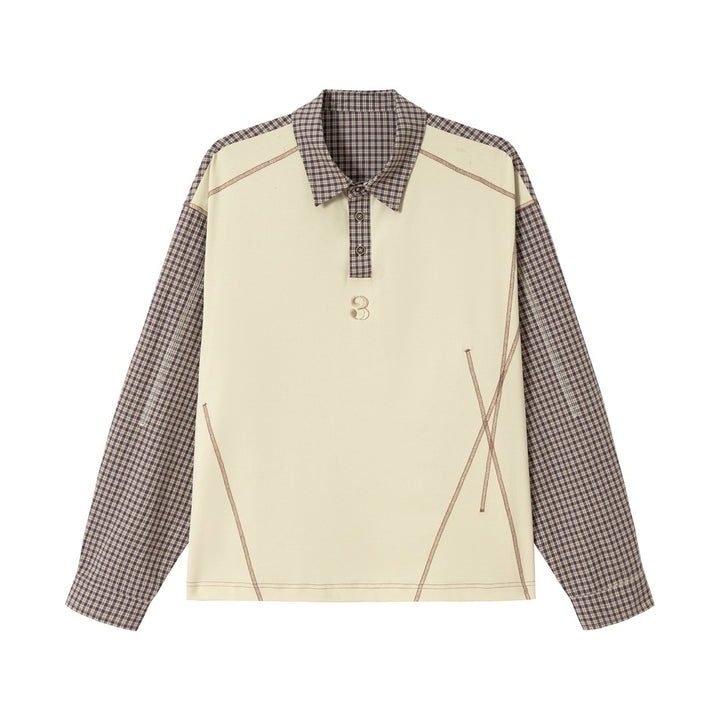Unisex Oversize Langarm-Poloshirt mit karierten Ärmeln, Hemdkragen und dekorativen Steppnähten Drune