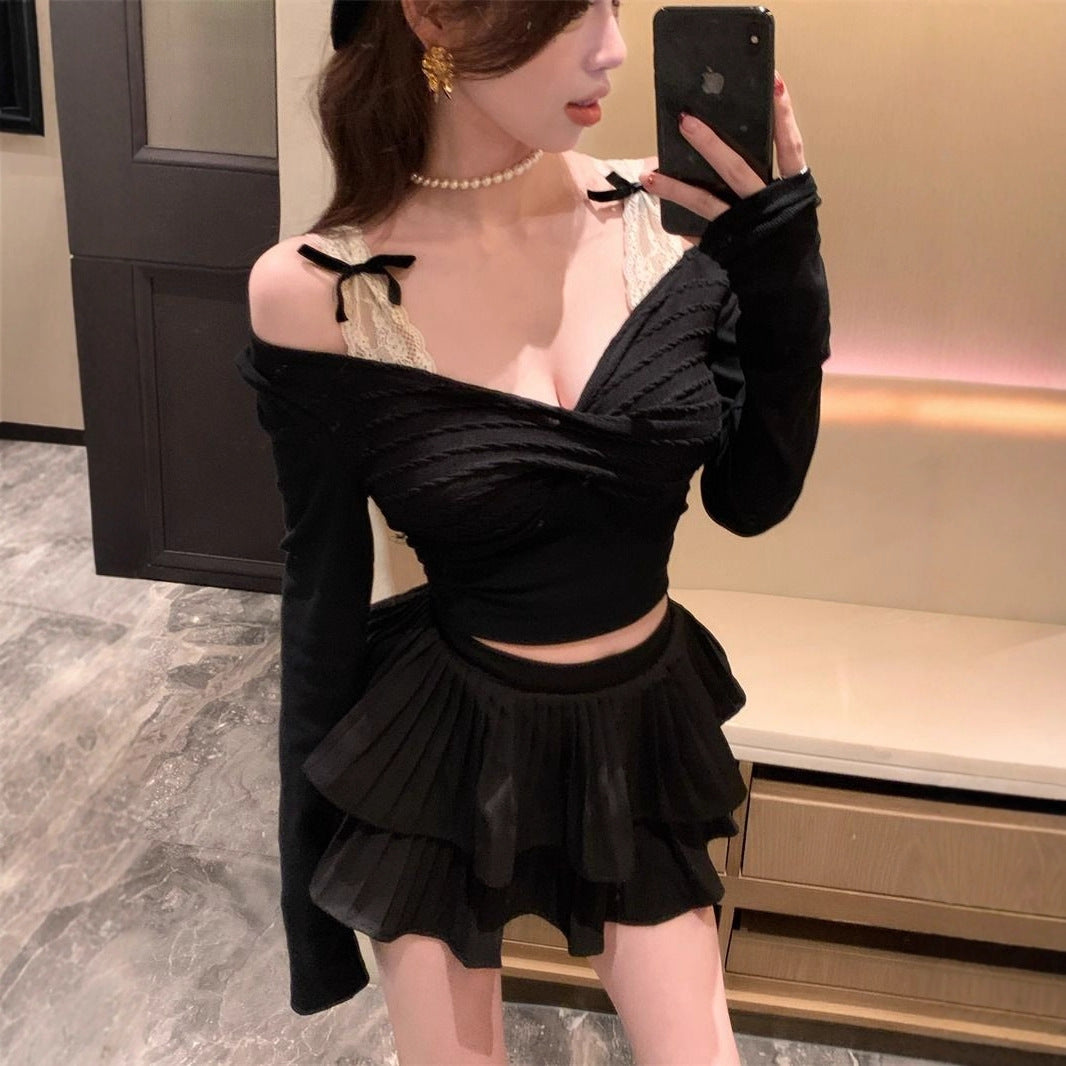 Damen Langarmshirt mit eleganter Raffung und Spitzenakzenten Drune