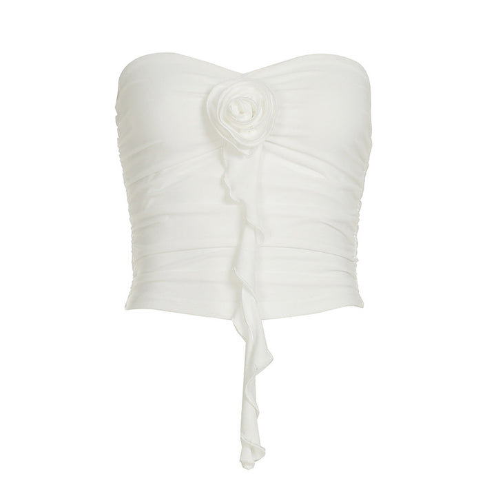 Damen bügelfreies Bustier-Oberteil mit dekorativer Raffung und Blütenapplikation Drune