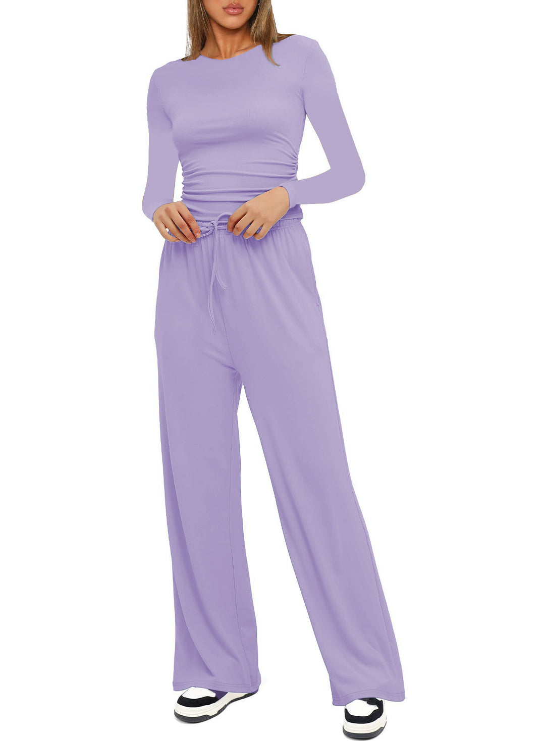 Damen Figurbetontes Longsleeve mit seitlicher Raffung und High-Waist Palazzo-Jogginghose Set Drune