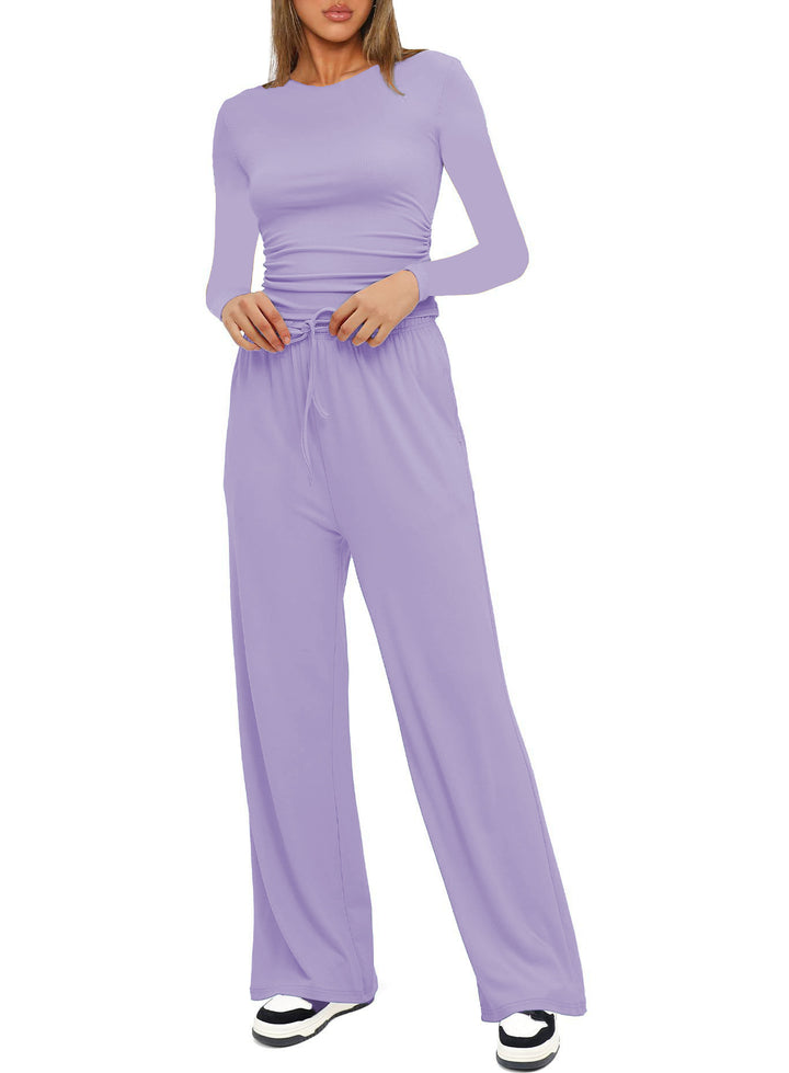 Damen Figurbetontes Longsleeve mit seitlicher Raffung und High-Waist Palazzo-Jogginghose Set Drune