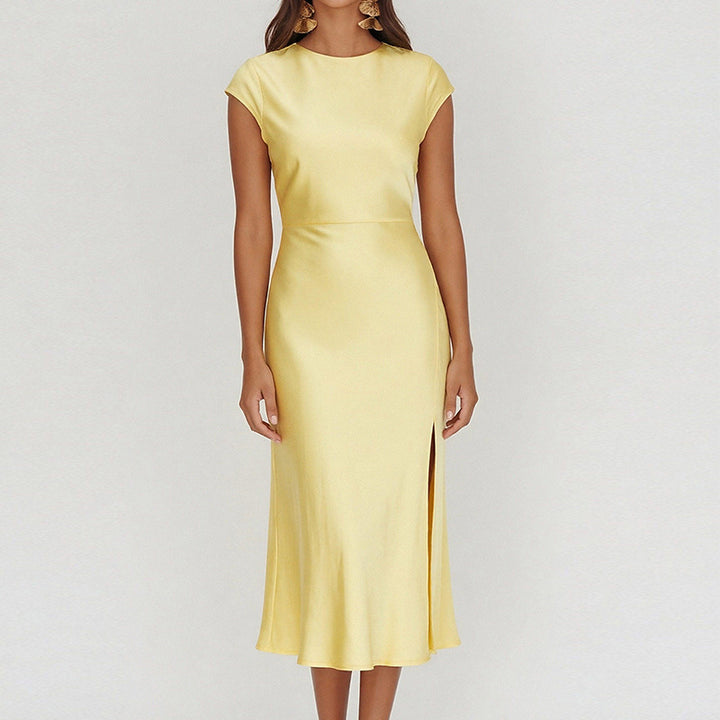 Damen Elegantes Midi-Kleid mit schickem Stehkragen und fließendem Satin Drune