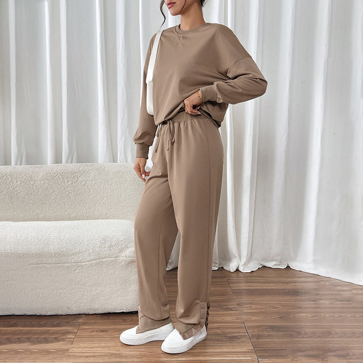 Damen Lässiges Sweat-Set mit Oversize-Rundhals und High-Waist-Hose mit Knopfmanschette Drune