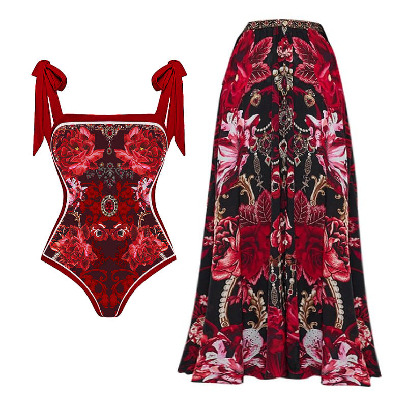 Damen Badeanzug mit raffinierten Rüschenträgern und opulentem Blumendesign Drune