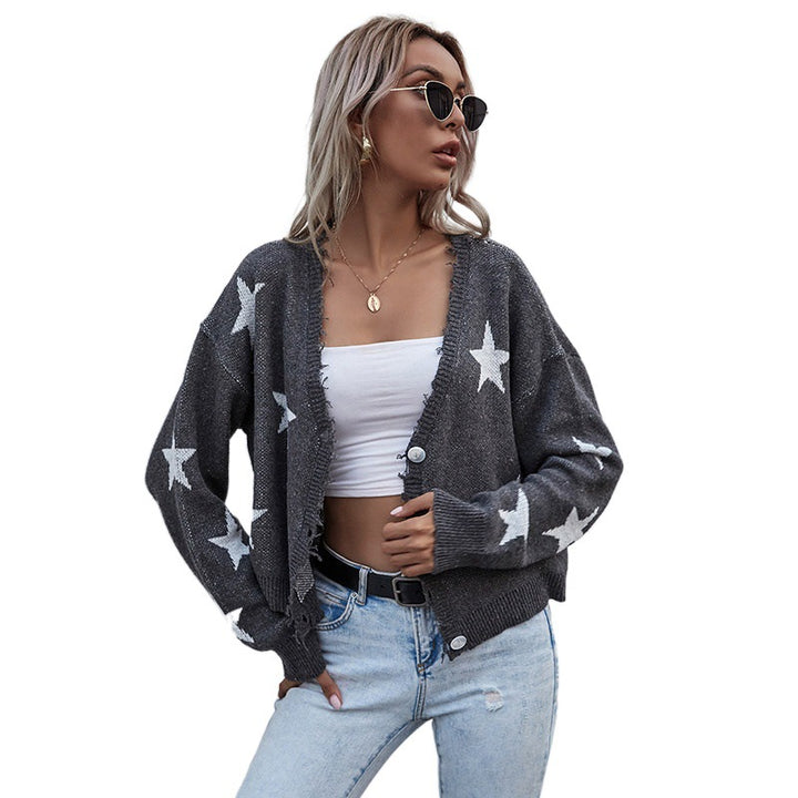Damen Lässiger Cardigan mit Sternenprint und Knopfdetails Drune
