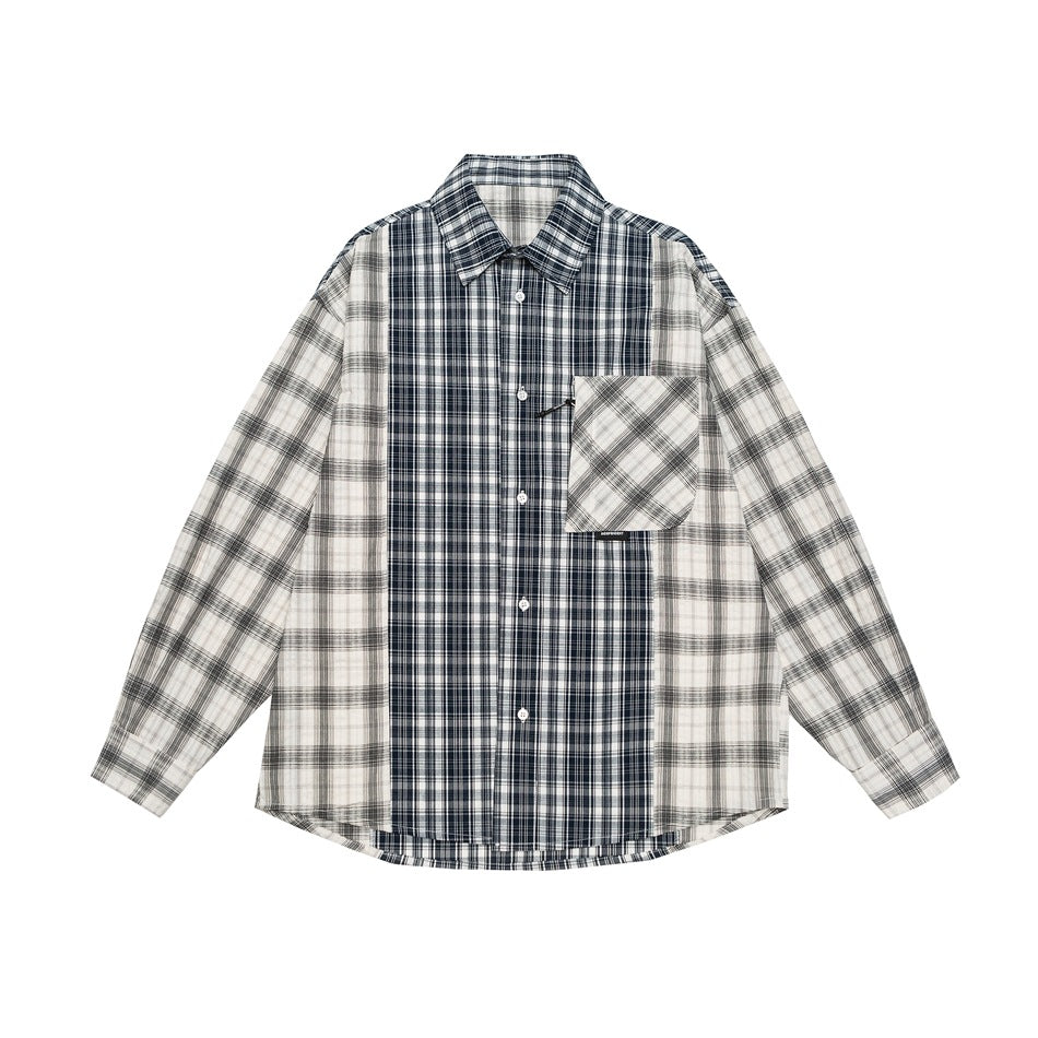 Unisex Kariertes Overshirt im Patchwork-Look mit Brusttasche Drune
