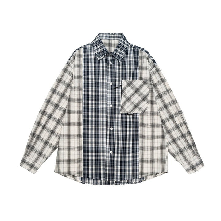 Unisex Kariertes Overshirt im Patchwork-Look mit Brusttasche Drune