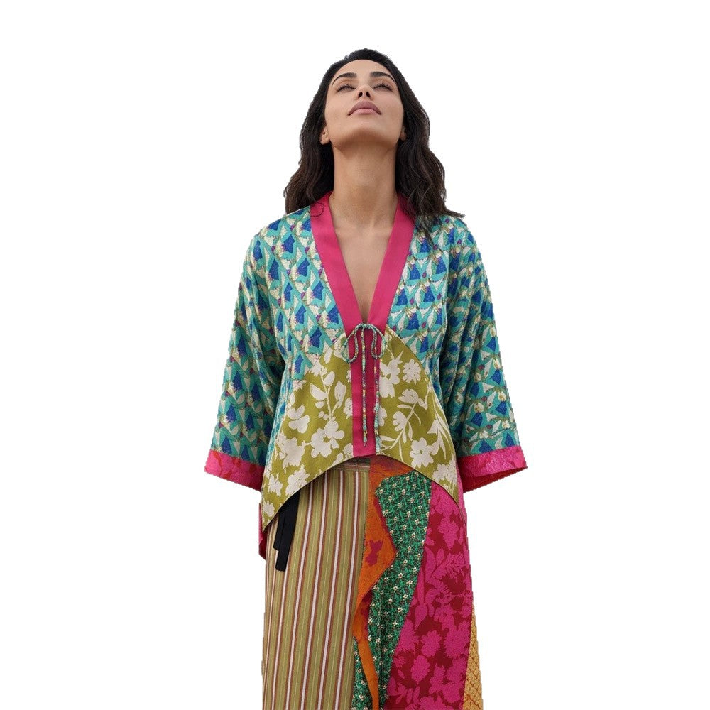 Damen Patchwork-Kimono-Top aus Seidenmix mit tiefem V‑Ausschnitt und Bindegürtel Drune