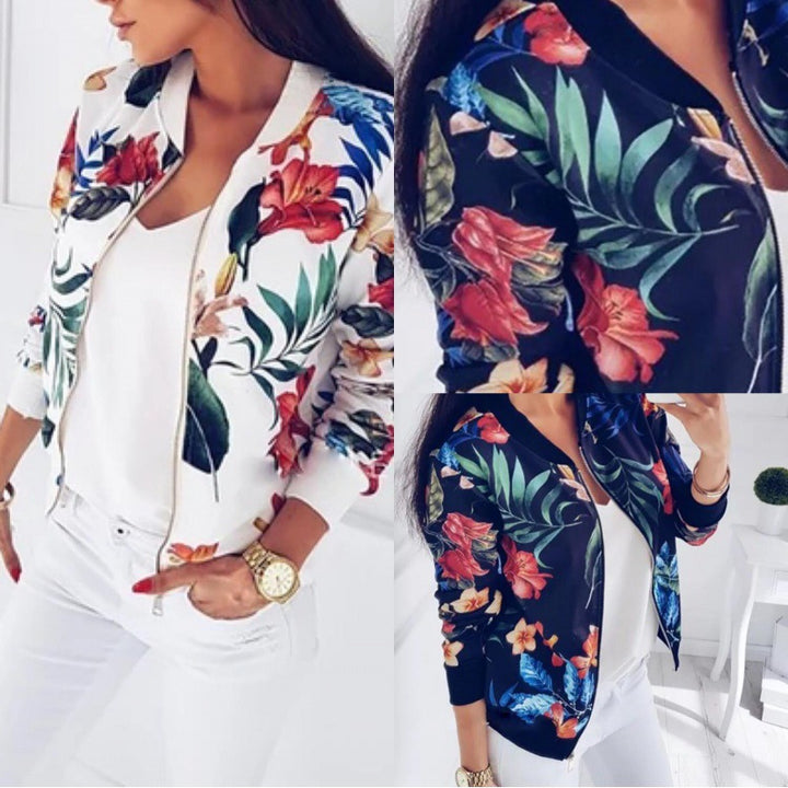 Damen Leichte Bomberjacke mit floralem Allover‑Print, Reißverschluss und Rippbündchen Drune