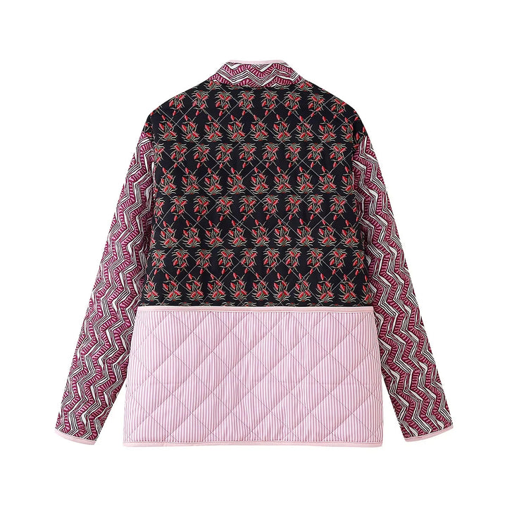 Damen gesteppte Patchwork-Jacke mit großen Taschen und dekorativen Mustern Drune