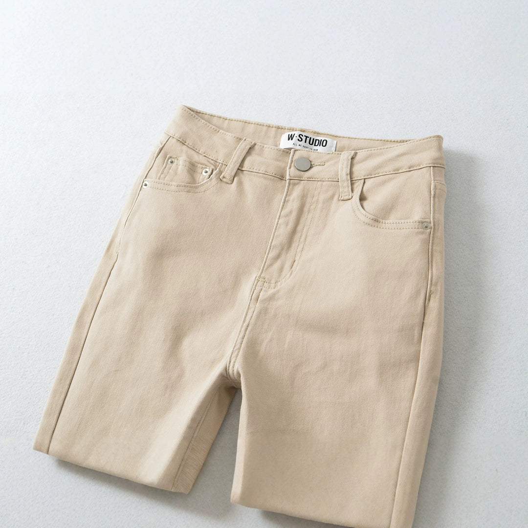 Damen Highwaist-Schlaghose aus Stretch-Denim mit fünf Taschen und rohem Saum Drune