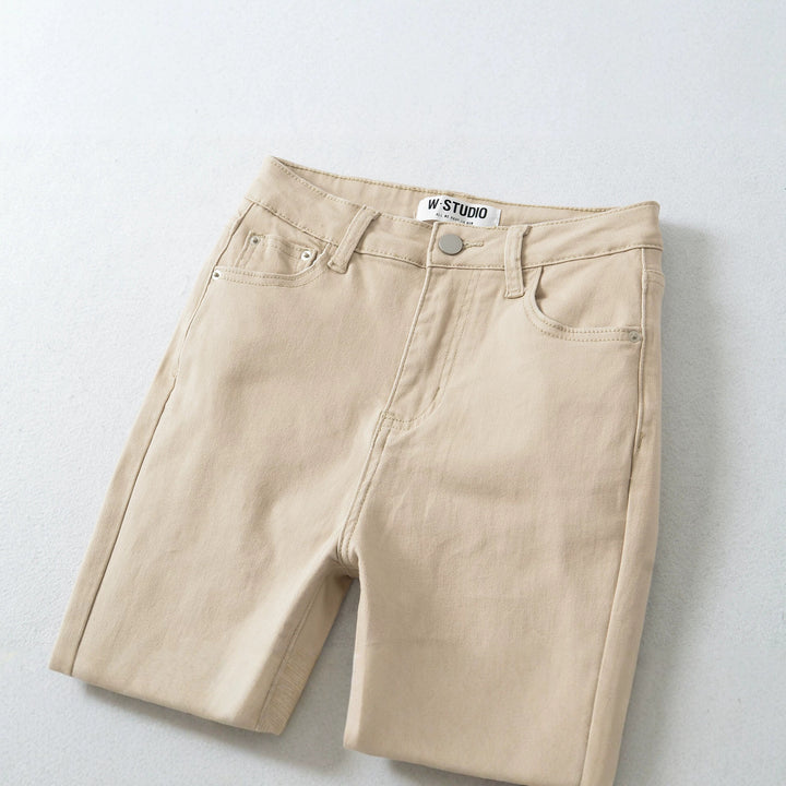 Damen Highwaist-Schlaghose aus Stretch-Denim mit fünf Taschen und rohem Saum Drune