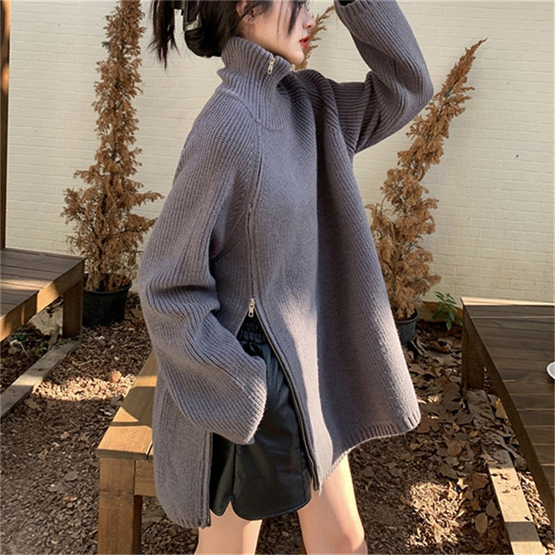 Damen Oversized Rollkragenpullover mit seitlichem Reißverschluss und geripptem Design Drune