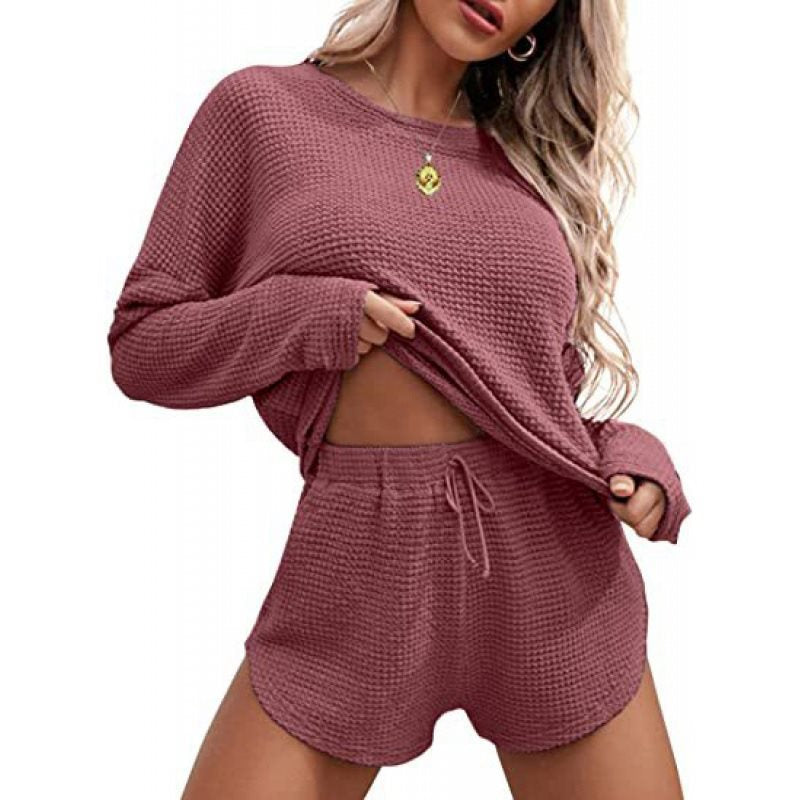 Damen lässiges Waffelstrick-Outfit mit komfortablem Crop-Oberteil und Shorts Drune