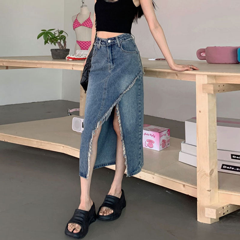 Damen Denim-Midi-Rock mit asymmetrischem Saum Drune
