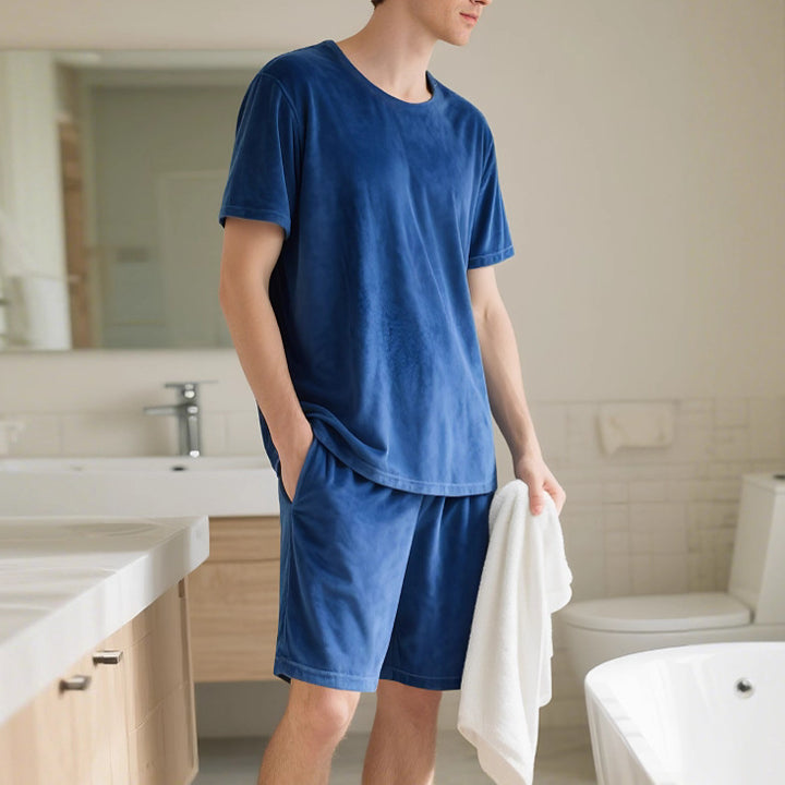 Herren nan Samtvelours Lounge-Set mit Rundhals-Kurzarmshirt und Kordelshorts Drune