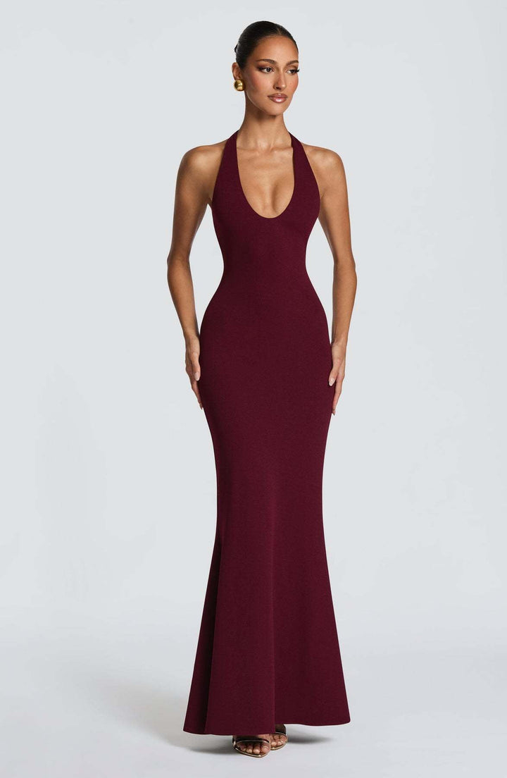 Damen Elegantes Bodenkleid mit tiefem V-Ausschnitt und figurbetontem Design Drune