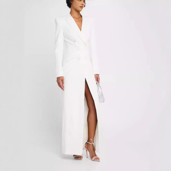 Damen Blazerkleid Maxikleid mit Doppelreiher, taillierter Silhouette und hohem Frontschlitz Drune