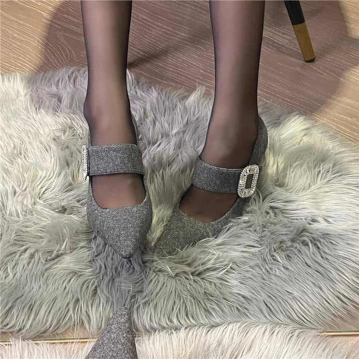 Damen Elegante spitz zulaufende Mary-Jane-Pumps mit Wollfilz-Optik, schmalem Stiletto und Kristall-Schnalle Drune
