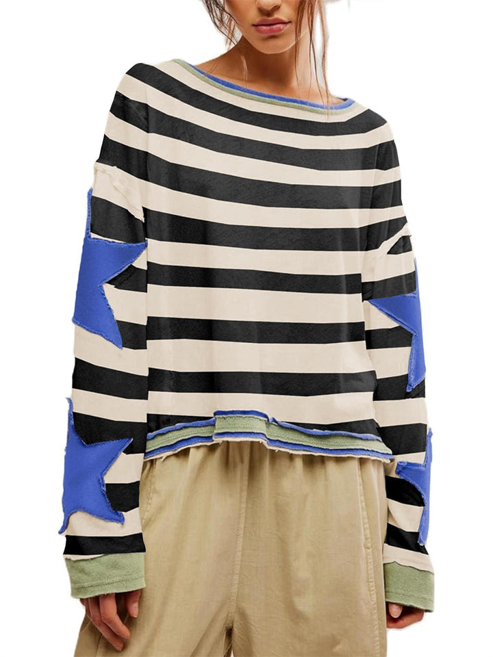 Drune | Sweatshirt Damen gestreift locker Rundhals Sterne