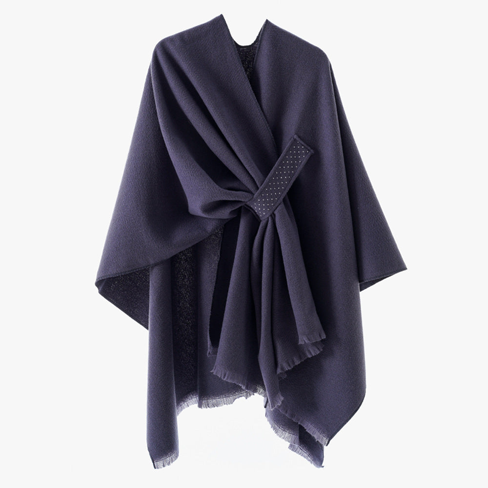 Damen Eleganter Wickel-Umhang aus Wollmischung mit Taillenschärpe und Fransensaum Drune