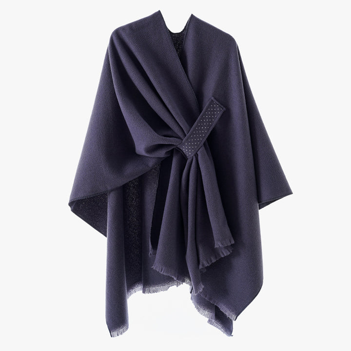 Damen Eleganter Wickel-Umhang aus Wollmischung mit Taillenschärpe und Fransensaum Drune