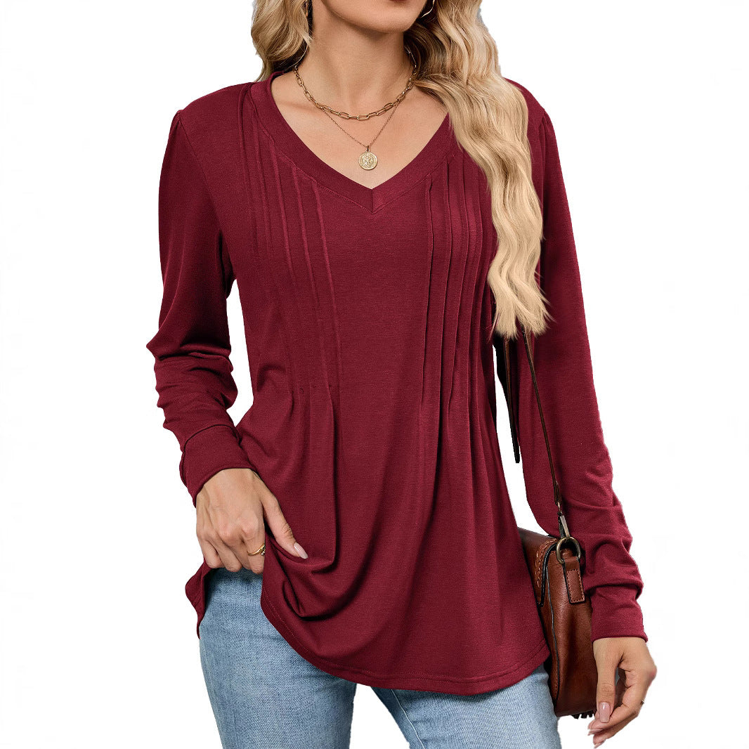 Damen Viskose Blusenshirt mit eleganten Falten und V-Ausschnitt Drune