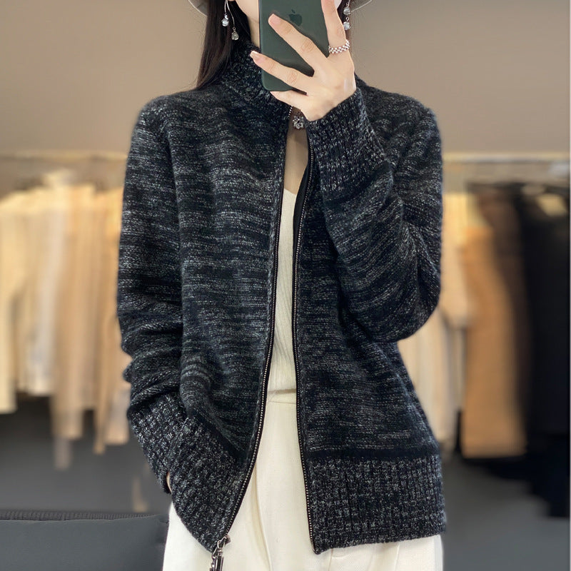 Damen Reißverschluss‑Strickjacke mit melierter Struktur und Stehkragen Drune
