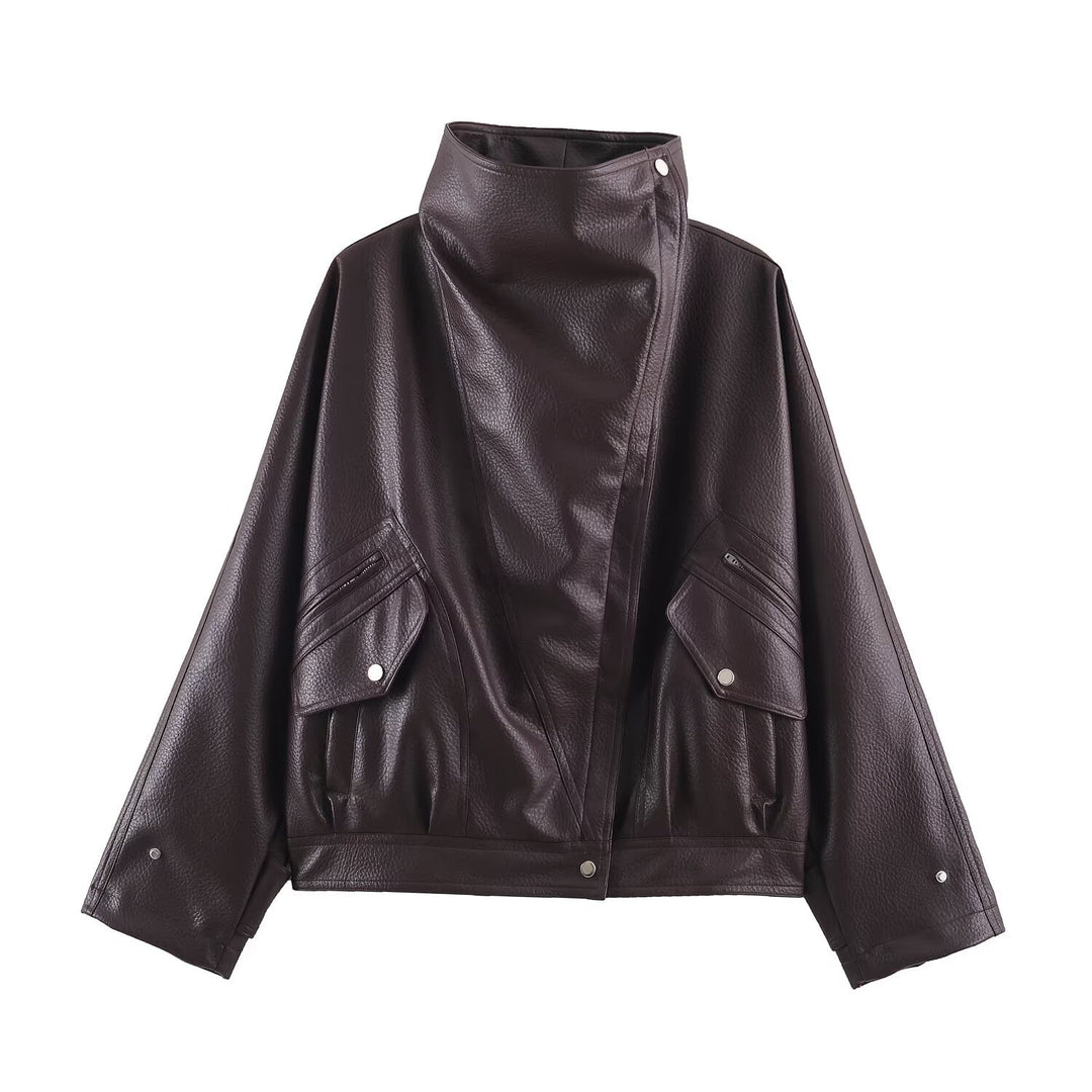 Damen Oversized Kunstleder-Capejacke mit hohem Stehkragen und Pattentaschen Drune