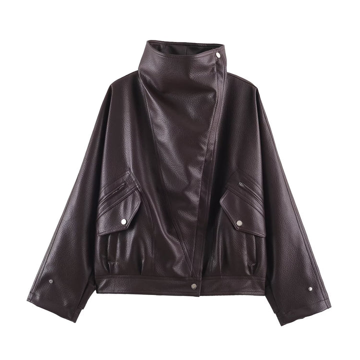 Damen Oversized Kunstleder-Capejacke mit hohem Stehkragen und Pattentaschen Drune