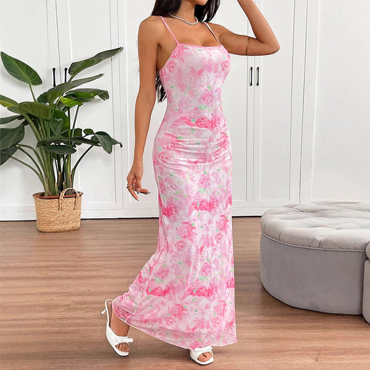 Damen elegantes Blumenmuster Maxikleid Drune