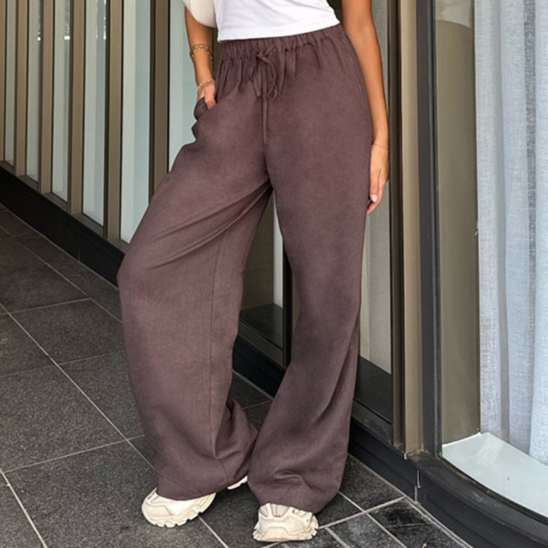 Damen Leichte Leinenhose mit weitem Bein, elastischem Bund und Tunnelzug Drune