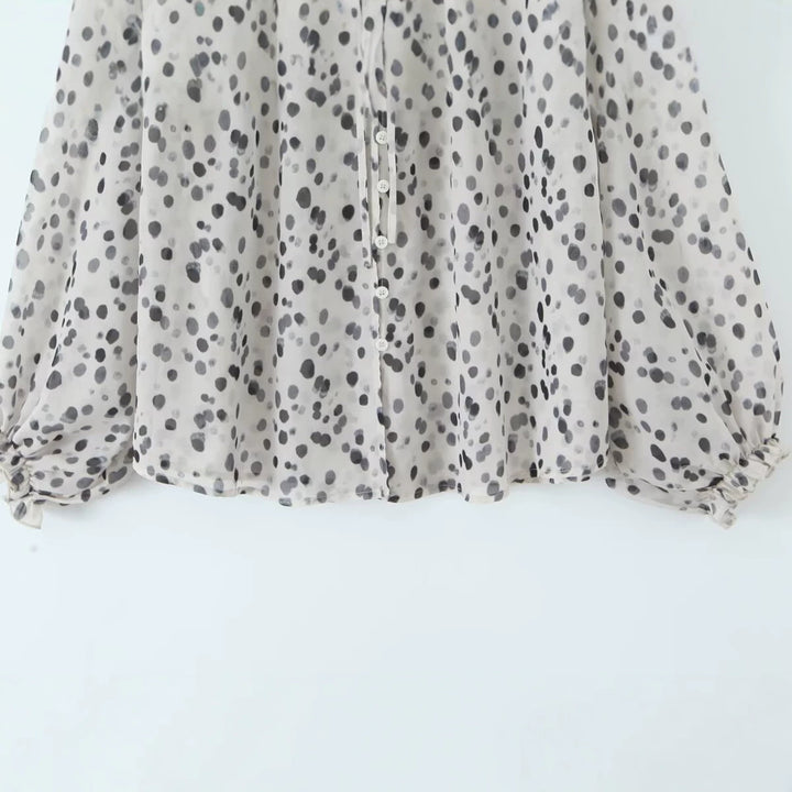 Damen Transparente Chiffonbluse mit Tupfenprint, Stehkragen und voluminösen Rüschenärmeln Drune