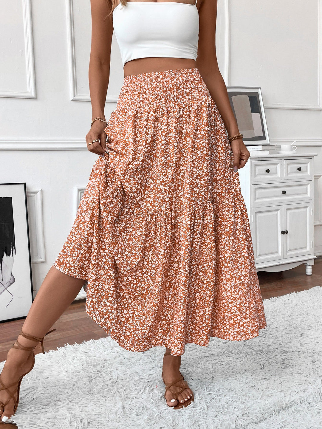 Damen Langer Rock mit floralem Print und elastischem Bund Drune
