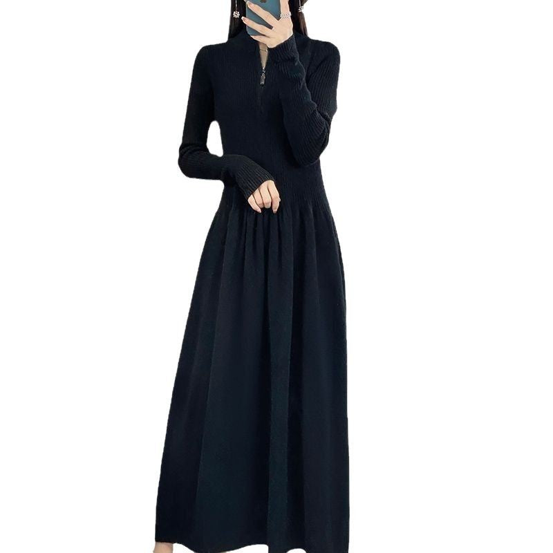 Damen lässiges Strickkleid mit hohem Kragen und Zip-Taschen Drune