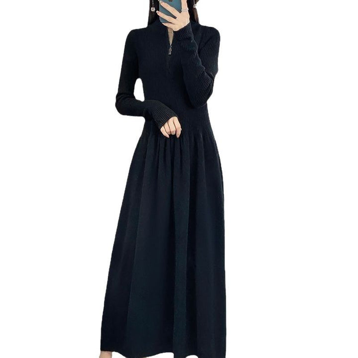 Damen lässiges Strickkleid mit hohem Kragen und Zip-Taschen Drune