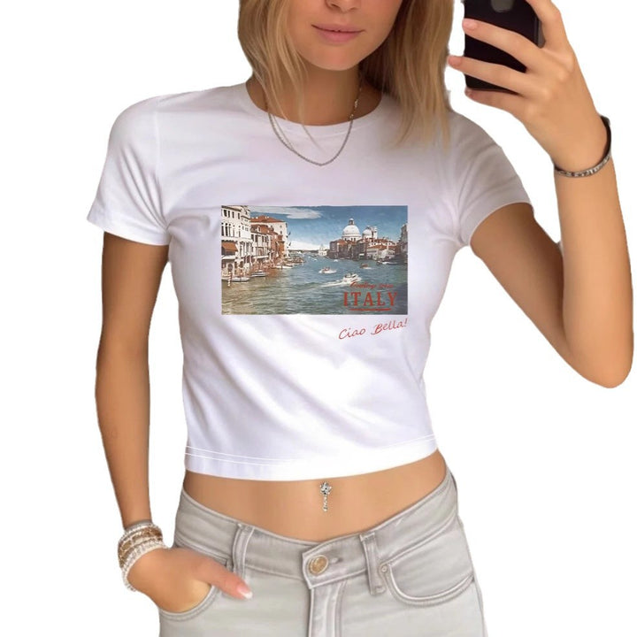 Damen Crop-T-Shirt mit kreativem Augenmotiv und Tourdruck Drune