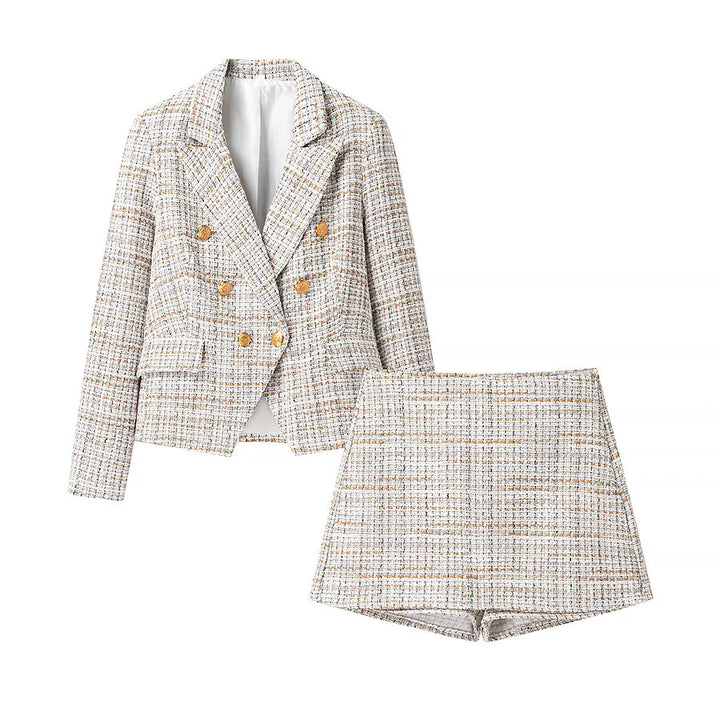 Damen nan tailliertes Bouclé‑Tweed Zweiteiler‑Set mit Doppelreiher‑Blazer und A‑Linien‑Shorts Drune