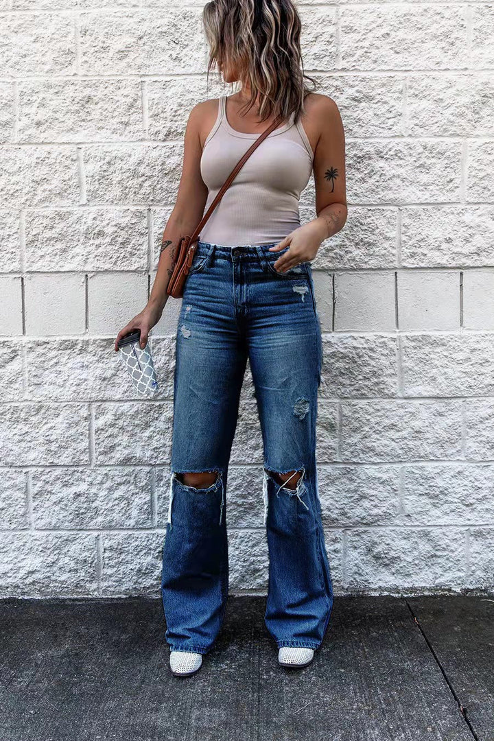 Drune | Damen High Waist Ripped Jeans mit Weitem Bein