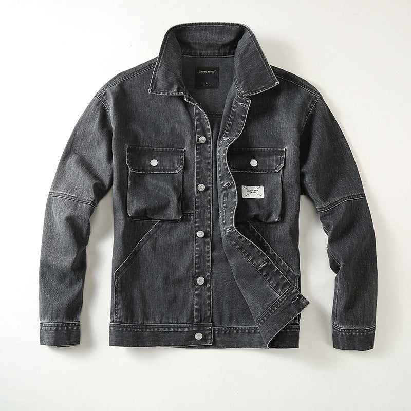 Herren Utility-Denimjacke mit Oversized-Brusttaschen und durchgehender Knopfleiste Drune