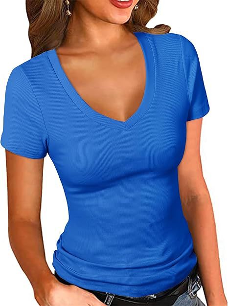 Damen V-Ausschnitt T-Shirt mit strukturierter Oberfläche Drune