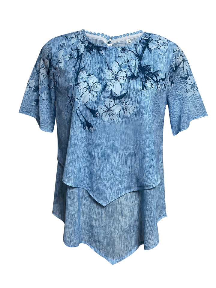 Damen nan zweilagiges Blusenkleid mit asymmetrischem Stufensaum, floraler Druckpasse und Flügelärmeln Drune