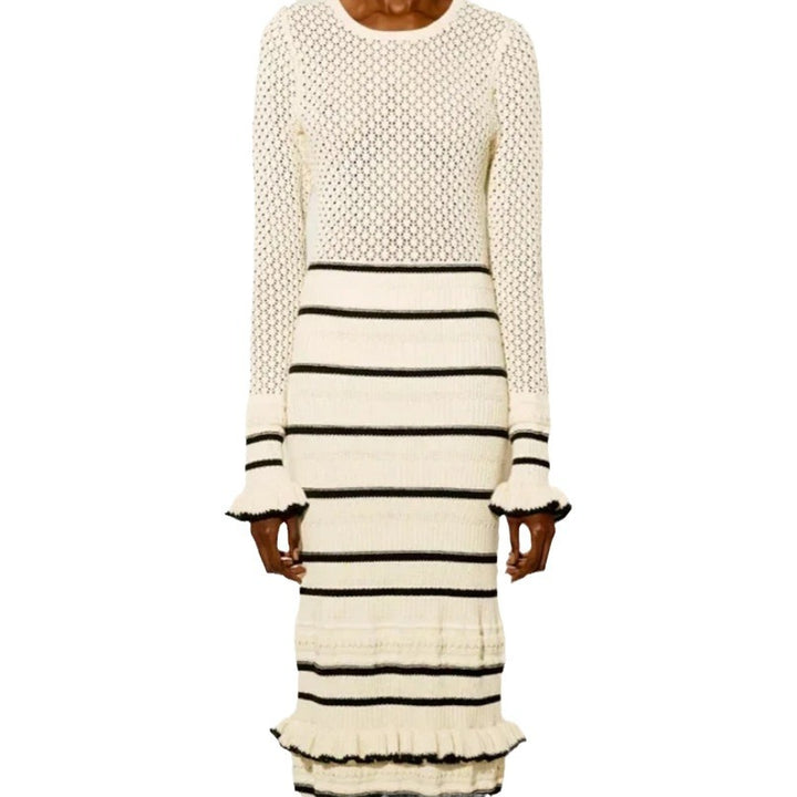 Damen Strickmaxikleid mit raffiniertem Lochmuster und kontrastierendem Streifen Drune