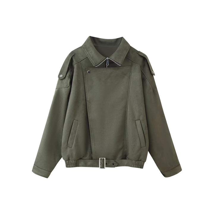Damen Kurzjacke im Biker-Blouson-Stil mit Gürtel und asymmetrischer Klappe Drune