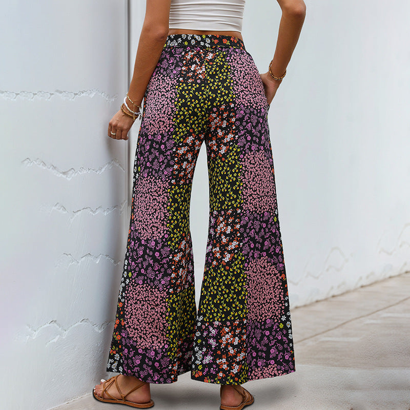 Damen Weite High-Waist Palazzo-Hose mit floralem Patchworkprint, Tunnelzug und Seitentaschen Drune