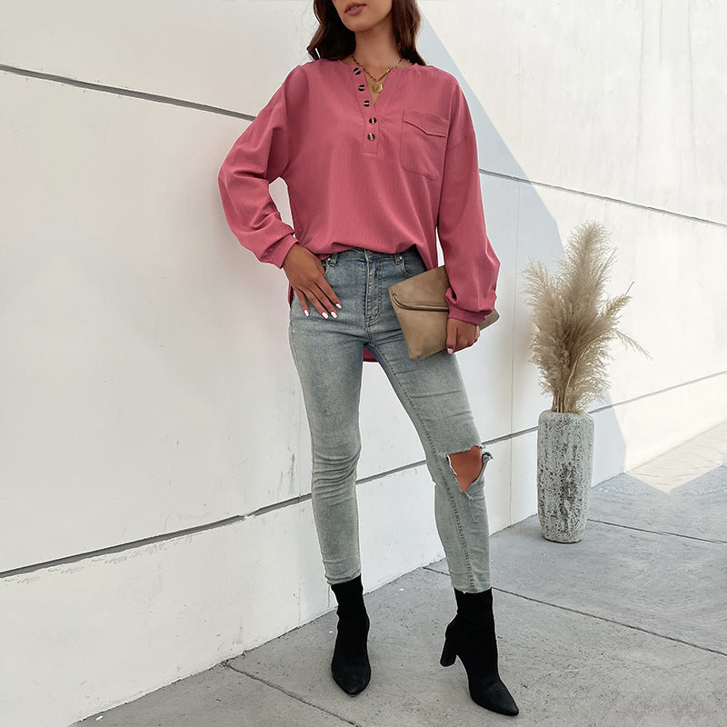Damen Texturiertes Henley-Blusenshirt mit Knopfleiste und Brusttasche Drune