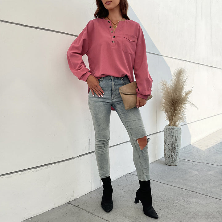 Damen Texturiertes Henley-Blusenshirt mit Knopfleiste und Brusttasche Drune