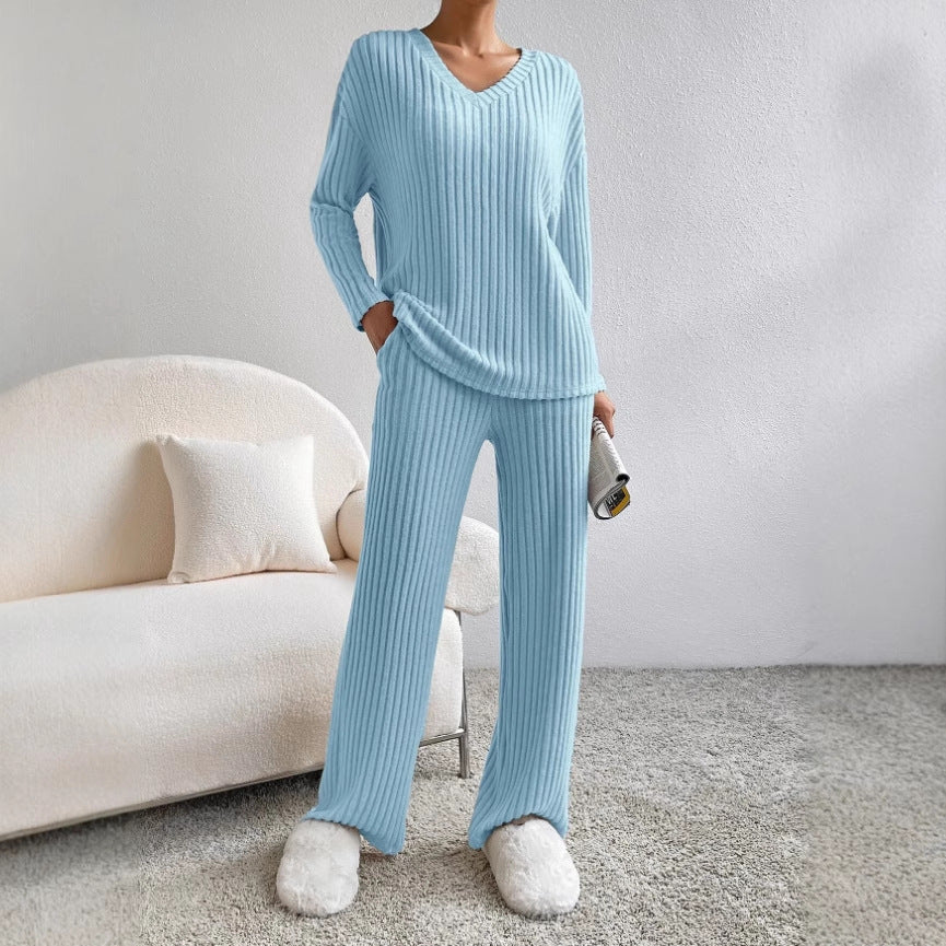 Frauen Rippstrick Lounge Set aus weichem Strick mit V-Ausschnitt und weitem Bein Drune